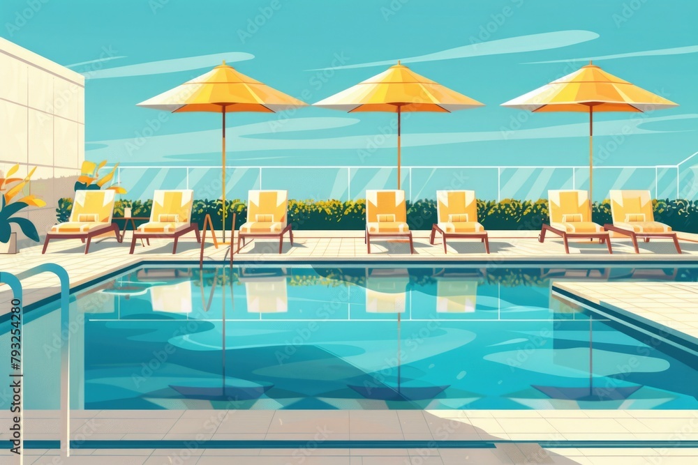 Poster a relaxing scene at a swimming pool with lounge chairs and umbrellas. perfect for travel and leisure