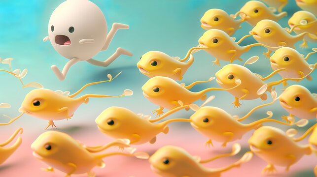 3D rendering of a group of tiny yellow tadpoles with sad expressions swimming dynamically, chasing a figure
