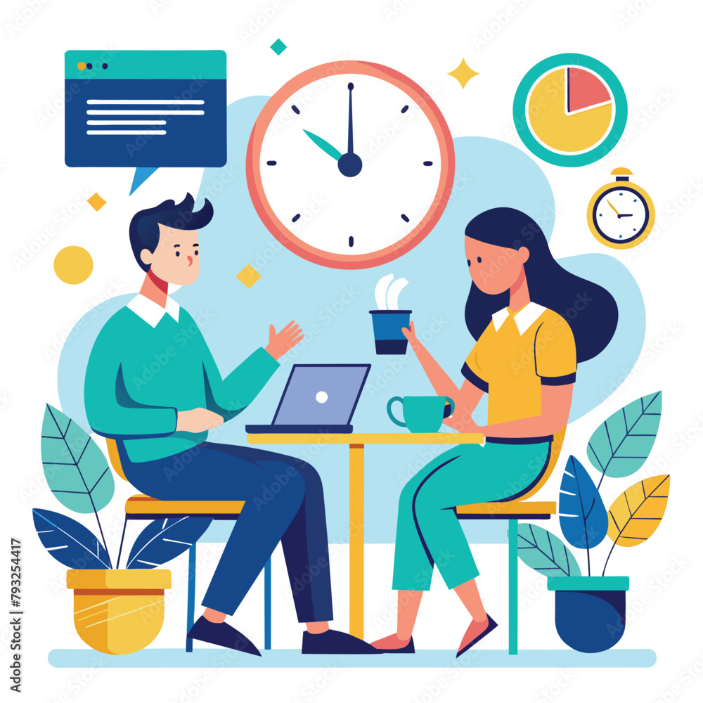 Poster a man and a woman engaged in a conversation while seated at a table, with a clock in front of them, 