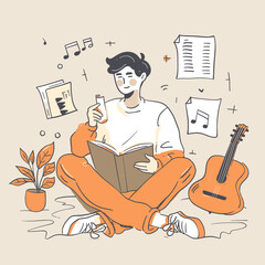 Young man reading a book and sitting on the floor. Vector illustration.