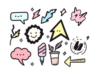 Hand drawn doodle cartoon vector elements for a fashion patch with lightning, arrow and speech bubble symbols