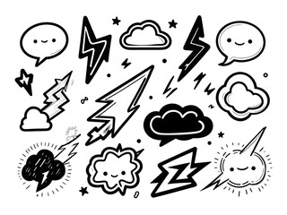 Hand drawn doodle cartoon vector with lightnings, arrows and bubbles symbol