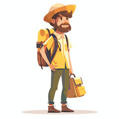 A man with a backpack and a hat is standing on a white background