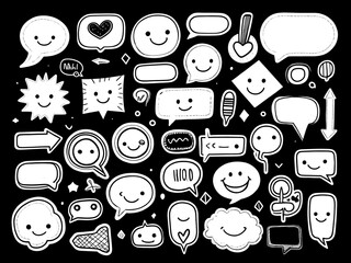 Hand drawn doodle vector elements for design like speech bubbles, smiley faces, arrows