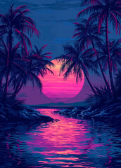colorful sunset painting with palm tree in pink, blue and magenta in the style of retro synthwave art. 
