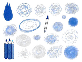 hand drawn scribbles and doodle lines in dark blue pencil on a white background, clip art vector