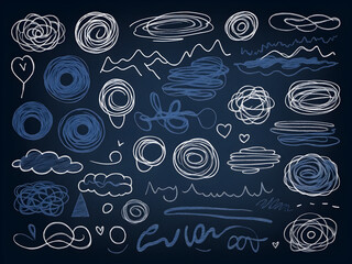 hand drawn scribbles and doodle lines on a dark blue background, clip art