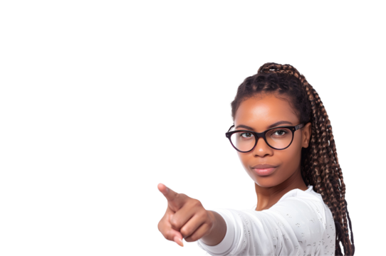 Pointing Her Finger: Portrait of an Afro-American Woman Student and Teacher with Copy Space, Isolated on Transparent Background, PNG