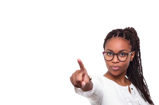 Portrait of a Teacher: Afro-American Woman Student Pointing Her Finger with Copy Space, Isolated on Transparent Background, PNG