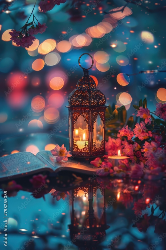 Poster A book and lantern placed on a table. Suitable for various concepts and designs