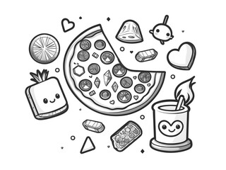 vector black and white doodle with pizzas, sweets, diamonds