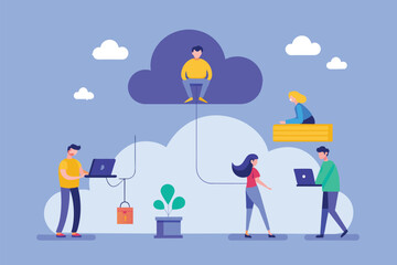 Team Working on Laptops Atop Cloud, people back up cloud connections, Simple and minimalist flat Vector Illustration