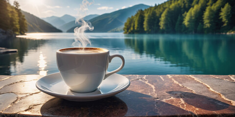 cup of coffee on the beach - obrazy, fototapety, plakaty