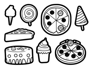 vector sticker black and white cute cartoon doodle objects with pizza and lollipop