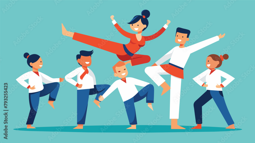 Poster a class practicing their balance on one leg while also laughing and joking symbolizing the physical 