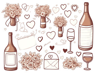 wedding doodle art with hearts, flowers and wine bottles on a white background