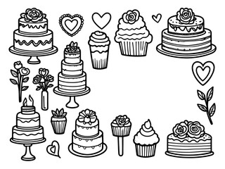 wedding doodle line elements with heart, flower and cake vector illustration on a white background