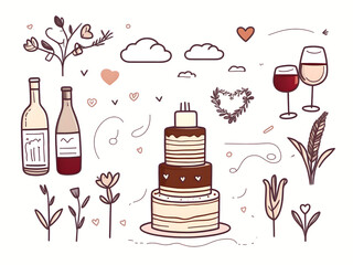wedding doodle vector illustration with flowers, plants, wine bottles and glasses, wedding cake with hearts