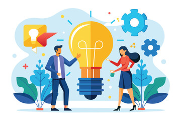 Man and Woman Standing Next to Light Bulb, People connecting bulb puzzle pieces, business innovation trending, Simple and minimalist flat Vector Illustration