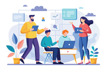 Diverse group of individuals standing around a table, actively working on laptops together, People consult on projects, Simple and minimalist flat Vector Illustration