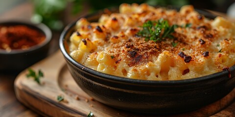 baked and broiled gourmet Creamy Mac and cheese casserole close up 