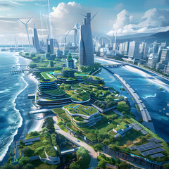 Futuristic Green City: Innovative Solutions against Rising Sea Levels and Climate Change - obrazy, fototapety, plakaty