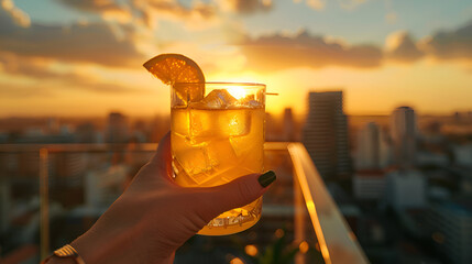 Chilled cocktail against a sunset cityscape, embodying urban summer relaxation.