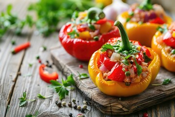 Three colorful stuffed peppers on a wooden cutting board. Perfect for food blogs or recipe websites
