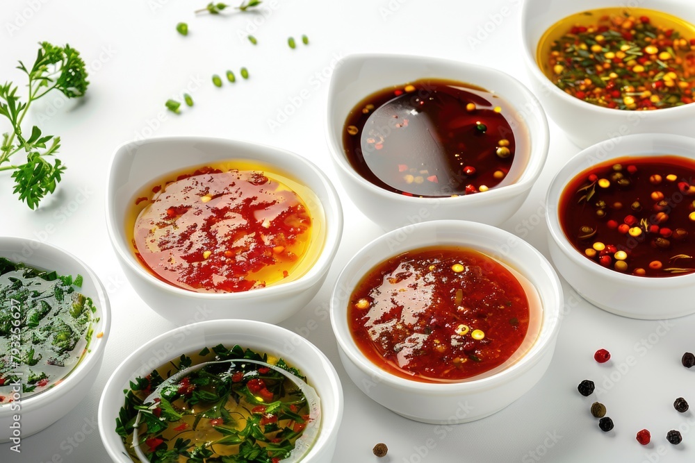 Poster different types of condiments displayed on a white table. suitable for food and cooking concepts