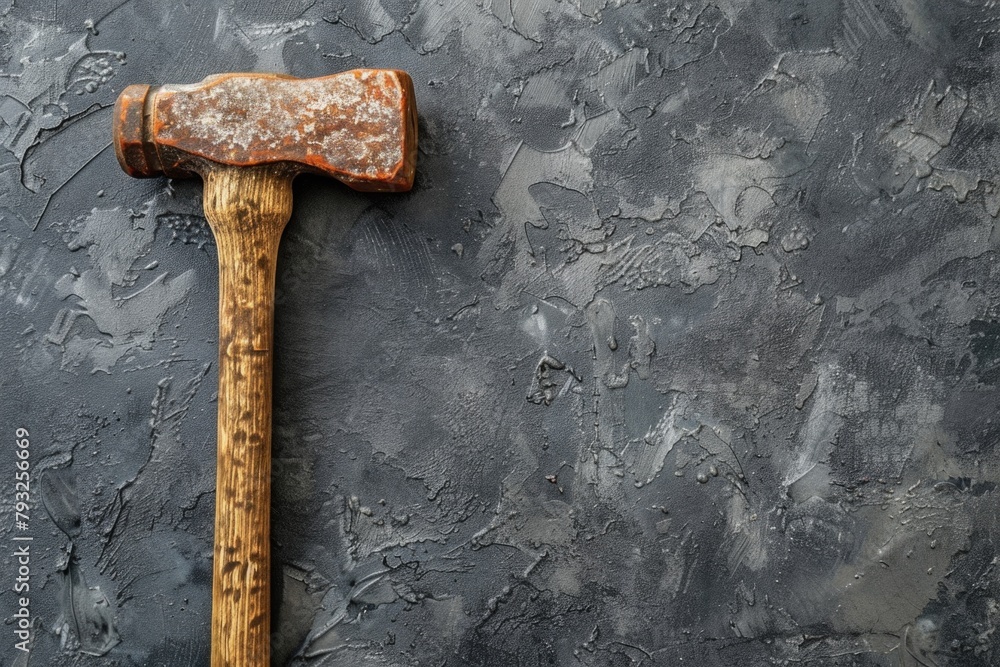 Poster a hammer stuck in the side of a wall. suitable for construction projects