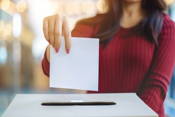 A woman inserting a piece of paper into a voting box. Suitable for election concepts
