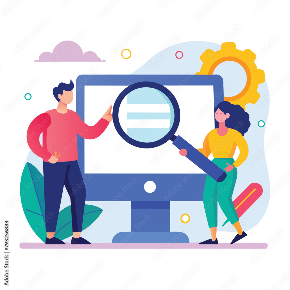 Poster two individuals closely inspect a computer screen using a magnifying glass, people looking at a comp