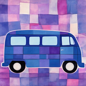 Art poster print of a van in Blue and Purple tones.