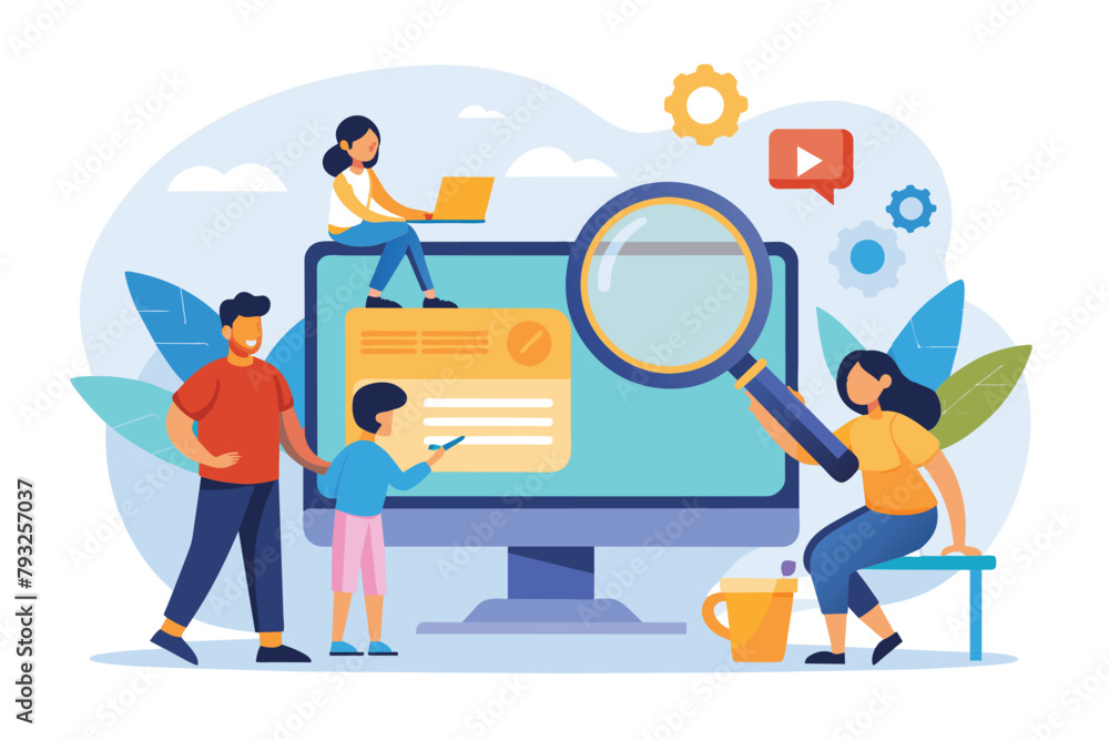 Poster people examining computer screen with magnifying glass, people looking at a computer screen with a m