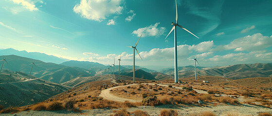 Moutain landscape with wind turbines, green energy, environement care
