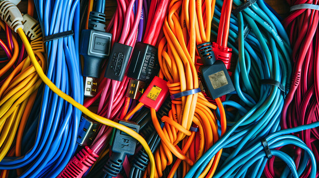 Colorful Collection of Various Types of RS Cables and Connectors for Data Transmission