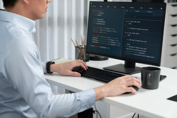 Smart IT developer looking at coding program application on computer screen of online website,...