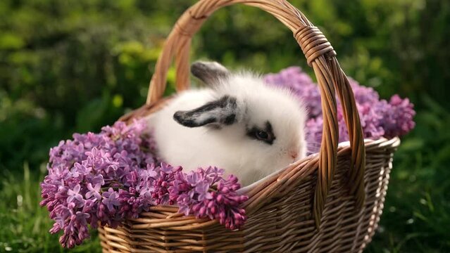 Cute little baby rabbit in wicker basket on nature background. Easter bunny symbol with lilac flowers bouquet.