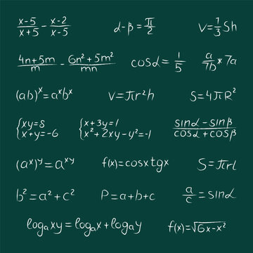 Chalk set of mathematical theory formula, calculation and equation. Doodle math blackboard. Handwritten white chalked geometry signs and equations on green school chalkboard background. Vector
