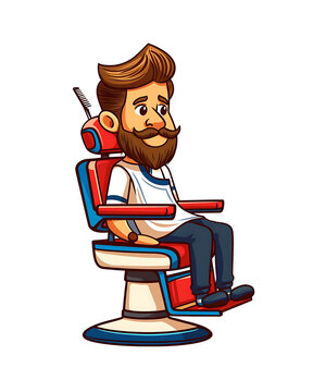 recommend clip art: Cheerful cartoon barber sitting relaxed in a classic barbershop chair, sporting a trendy beard and glasses. Generative AI