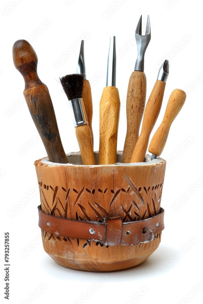 Poster a wooden basket filled with various types of tools. ideal for diy and construction projects