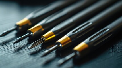 Fototapeta premium Group of pens on top of a wooden table, suitable for office or school concept