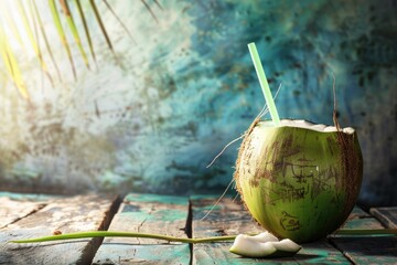 A refreshing coconut drink with a straw on a rustic wooden table. Ideal for tropical drink concepts