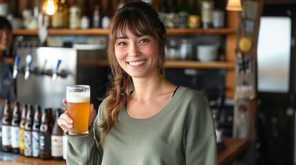 A woman holding a beer glass with a smile in a bar