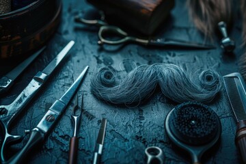 Close up of scissors and moustache on a table. Ideal for barbershop or grooming concept