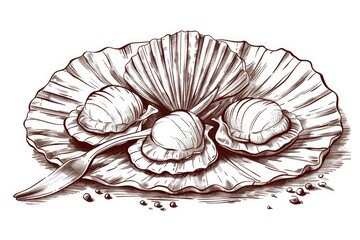 A close-up of a clam shell with fresh clams and a knife. Perfect for seafood enthusiasts - obrazy, fototapety, plakaty