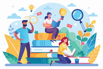 Several individuals seated on a stack of books, engaged in reading and learning, people read and search for knowledge in books and on the internet, Simple and minimalist flat Vector Illustration