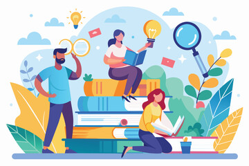 Fototapeta premium Several individuals seated on a stack of books, engaged in reading and learning, people read and search for knowledge in books and on the internet, Simple and minimalist flat Vector Illustration