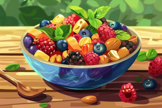 A painting of a bowl of fruit on a table. Suitable for kitchen decor