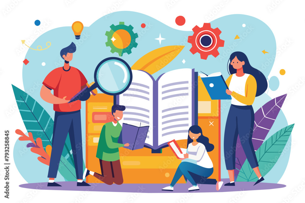 Poster diverse group of individuals closely examining a book using a magnifying glass, people reading and s